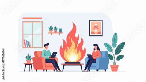Flat illustration of a couple working remotely on laptops by a warm, inviting fireplace at home