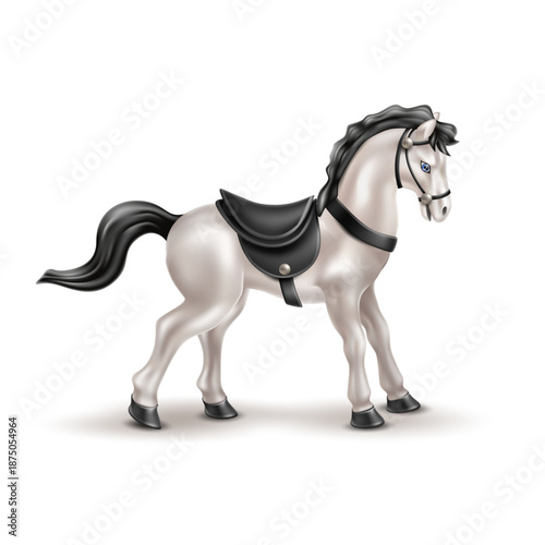 Realistic Saddled White Horse Vector Illustration. Elegant Stallion with Black Mane, Tail, and Leather Saddle. Professional Equestrian Mascot for Sports, Ranching, or Horse Riding Academy
