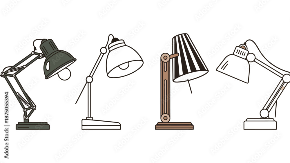 Fototapeta premium A set of four different desk lamps on a white background