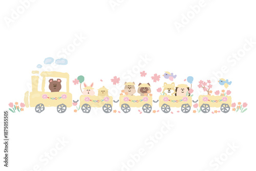 ふんわり春色 卒園・入園シリーズ｜校帽をかぶった動物列車
Soft Pastel Spring Graduation & Entrance Series | Animal Train Illustration
