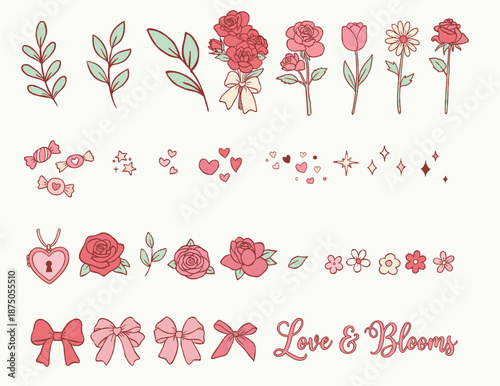 Cute Valentine's Day Floral Illustration Set with Roses, Bows, and "Love & Blooms" Typography