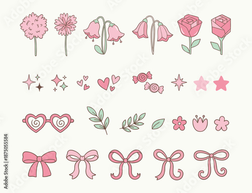 Cute Pink Valentine's Day Illustration Set with Flowers, Bows, and Heart Sunglasses