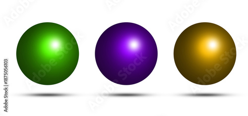 Foto Three glossy spheres in vibrant colors green purple and gold showcasing realisti