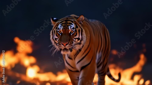 A majestic tiger confidently strides forward, flames raging below a twilight sky