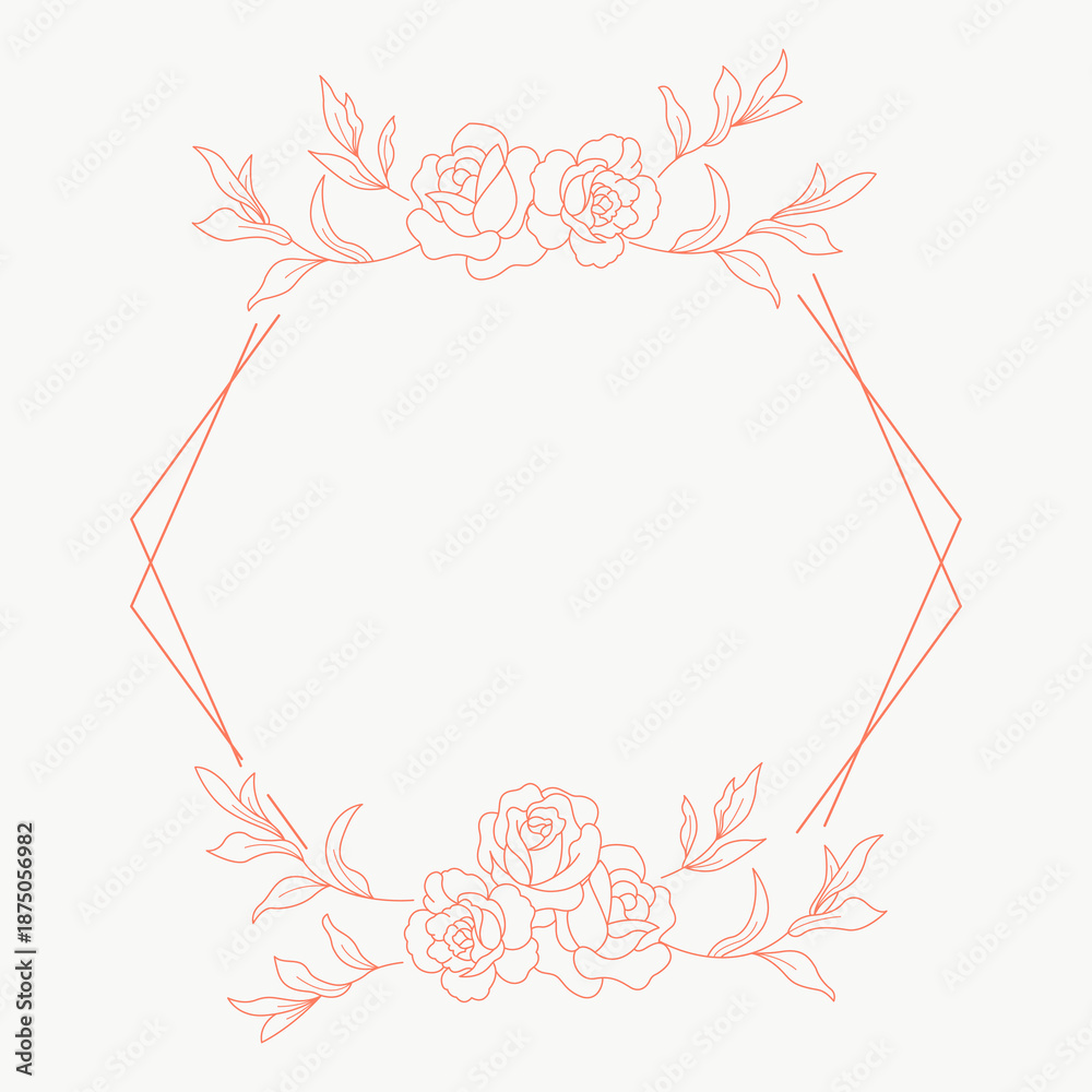 Obraz premium Floral polygon hand drawn style. Floral brown frame of twigs, leaves and flowers. Frames for Valentine’s Day, wedding decor, logo and identity template.
