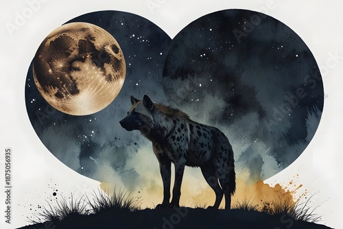 Hyena cackle silhouette against a full moon sky