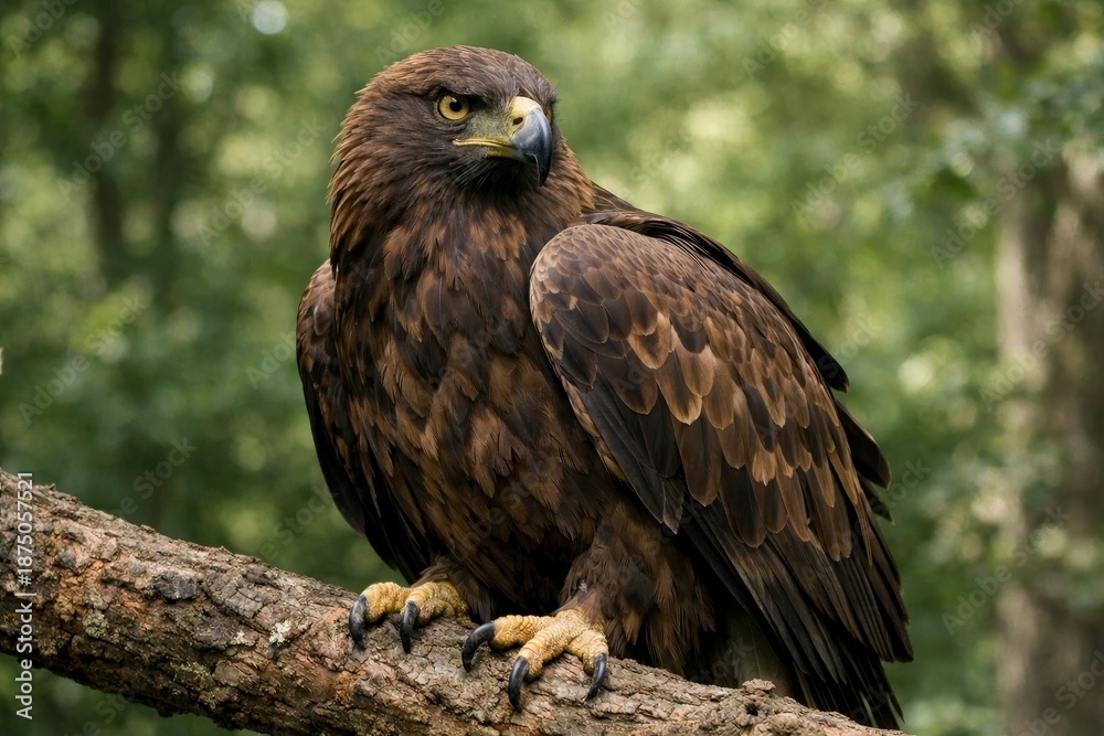 Fototapeta premium Majestic golden eagle perched on branch. Wild bird in natural habitat creates stunning wildlife photography. This captivating image showcases beauty and power of nature.