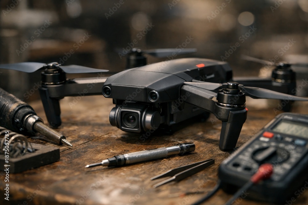 Obraz premium Dynamic drone on workbench with tools. Modern technology showcases creativity and precision. Image highlights innovative design and versatility for various uses.