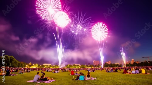 A night scene of a park crowded with people watching colorful fireworks illuminate the dark sky
