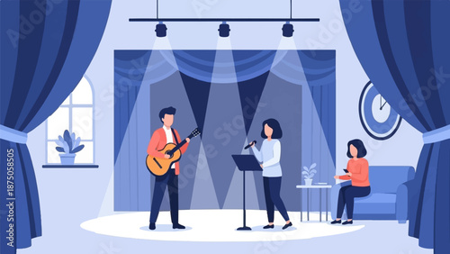Illustration of a duo performing on stage, a man with a guitar and a woman singing for an audience