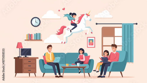 Illustration of a family relaxing at home, while a girl imagines herself as a superhero on a unicorn