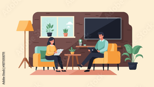 Illustration of a man and woman in armchairs, having a conversation with tablets in a cozy room