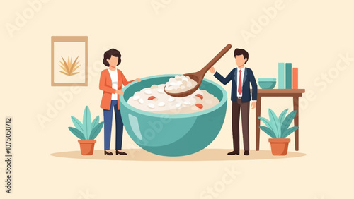 Illustration of a man and woman in an office sharing a giant bowl of porridge with a large spoon