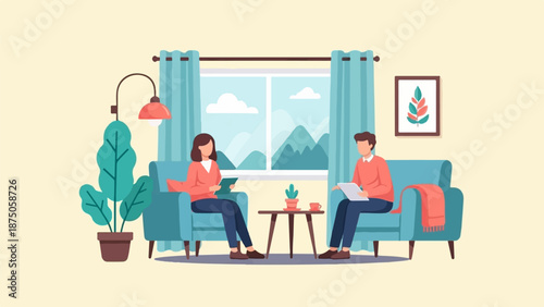 Illustration of a man and woman in a therapy or counseling session in a comfortable living room