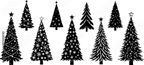 Evergreen Pine Tree Silhouette Collection Isolated on White Background
