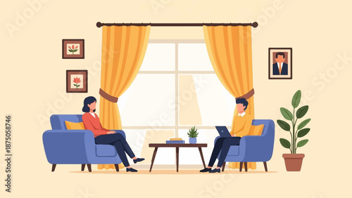 Illustration of a man and woman in armchairs having a professional meeting in a cozy living room