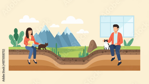 Illustration of a man and woman sitting apart on a geological cross-section with their cats