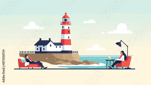Illustration of a man and woman relaxing in armchairs on a beach by a lighthouse and the sea
