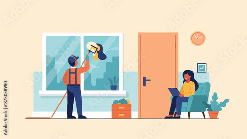 Illustration of a professional cleaning service with a man washing a window as a woman watches