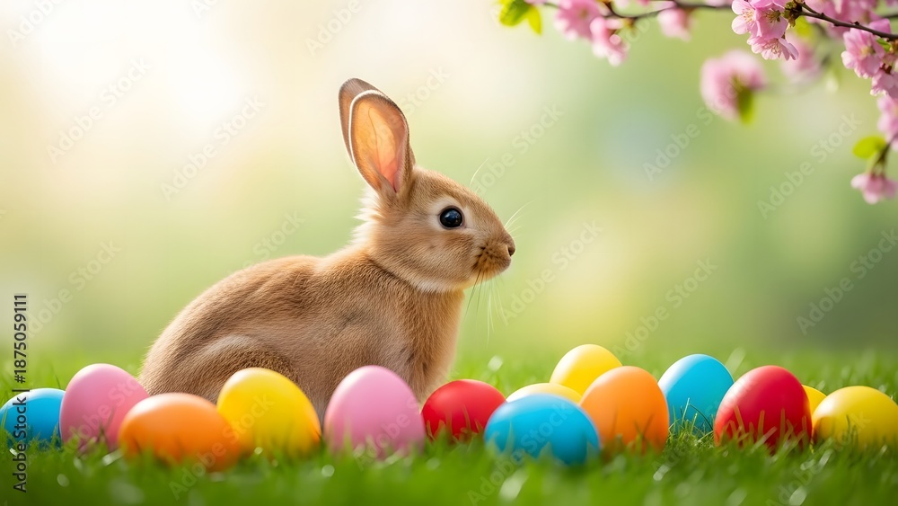 Obraz premium Easter bunny sitting with colorful eggs in grassy field on easter day