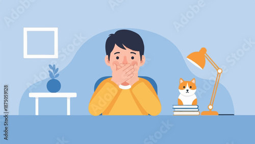 Illustration of a surprised boy covering his mouth at a desk, with a small dog and a lamp