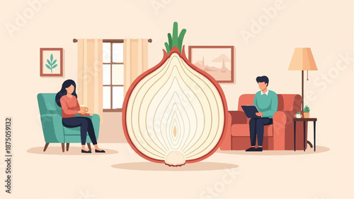 Illustration of a therapy session with a giant onion symbolizing peeling back layers of emotion