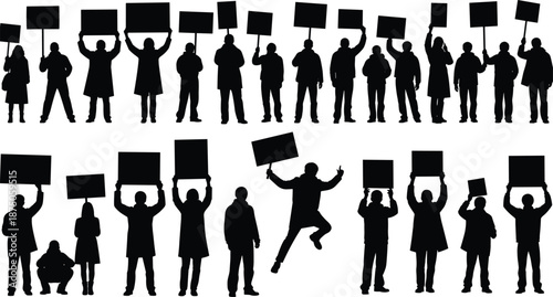 Black silhouette set of protesters holding signs and placards, activist people demonstration group, strike manifestation, crowd protesting for human rights.