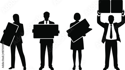 Black silhouette of business people holding blank placards and signs, corporate professionals in suits with empty boards, team marketing concept.
