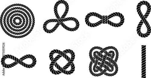 Black silhouette set of nautical rope knots, twisted cord borders, nautical loops, marine hemp twine spirals, and decorative infinity knots.