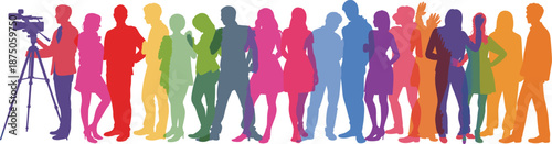 Colorful people silhouette lineup, diversity and inclusion concept, media scene illustration, vibrant crowd design, social unity, white background
