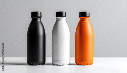 Three sleek, colorful water bottles