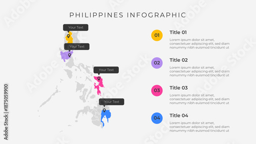 Philippines map infographic template with 4 options. Philippines administrative map infographic for presentation.
