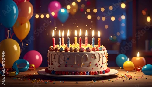 A beautifully decorated birthday cake with candles, surrounded by colorful balloons and festive decorations
