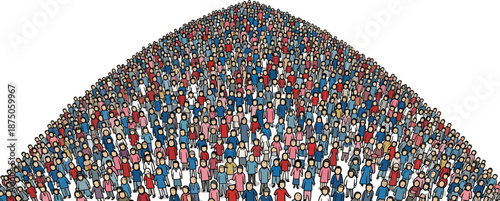 Crowd illustration in triangular formation, diverse people cartoon, social gathering concept, colorful clothing, population density, community design, white background