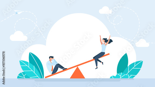 A man and a woman are swinging on a balance swing. The man is crying, the woman is happy. Mood swings. Emotions change. Psychology disorder. Concept of influence, emotional abuse. Vector illustration