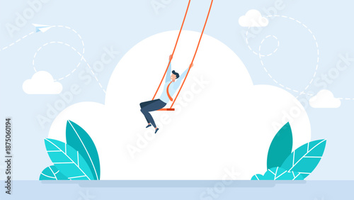 Man sways on a swing. Motivated businessman. Creativity and imagination to create content, writer or creator inspiration for new idea, think and brainstorm concept. Vector illustration