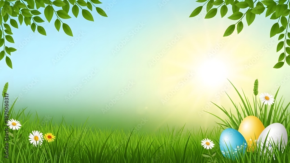 Fototapeta premium Easter eggs in a vibrant spring meadow with flowers and leaves