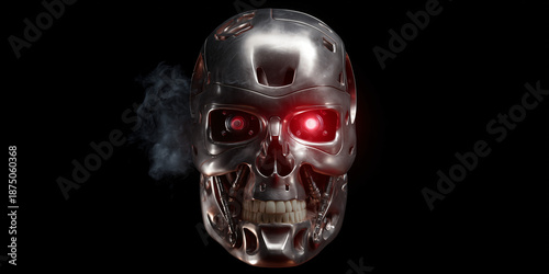 A cyborg skull with glowing red eyes, metallic details, and smoke effects
