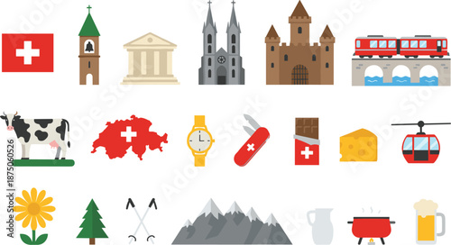 Swiss culture icons, traditional symbols, alpine heritage, travel elements, national identity, tourism highlights, Switzerland vector illustration set