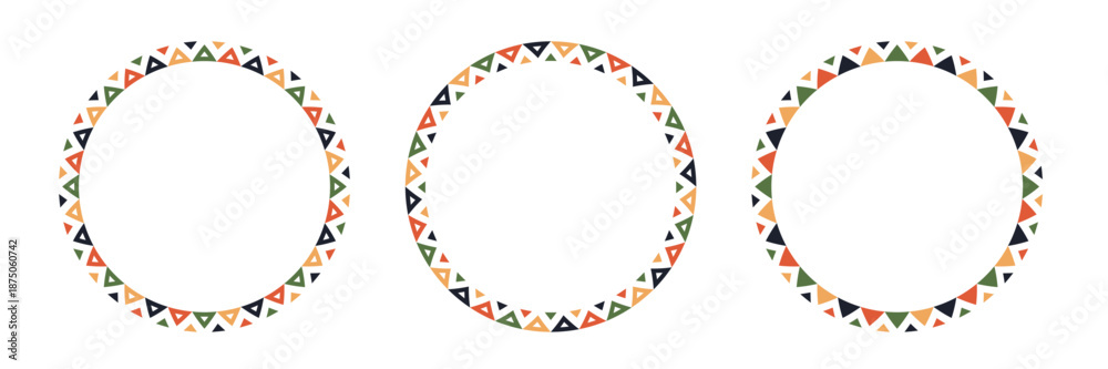 Fototapeta premium Mexican pattern circle frame. African ethnic motif border. Aztec triangular ornament round frame. Mexican text frame. African ethnic culture ornament. Vector illustration isolated on white background.
