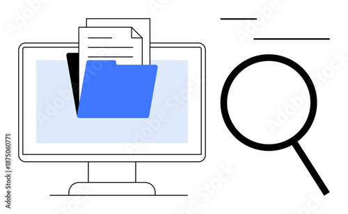 Computer screen with blue folder and document, magnifying glass indicating search. Ideal for data organization, information management, file search, technology, digital tools, productivity, simple