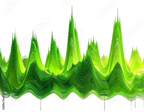 Abstract graphic of layered green peaks against a black background