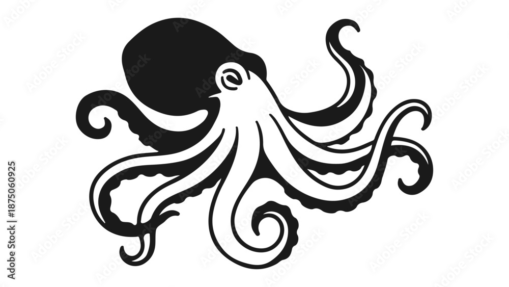 Fototapeta premium Stylized black octopus silhouette with flowing, curled tentacles black and white illustration