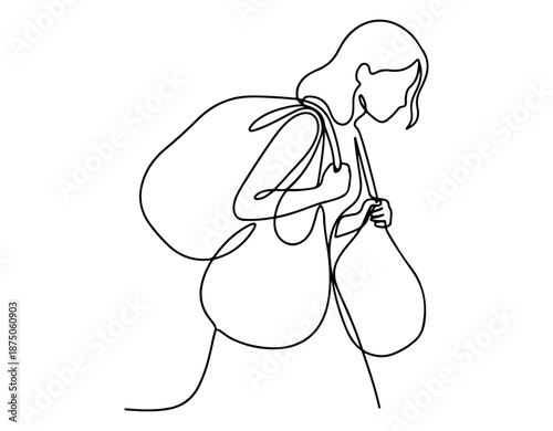 woman dragging heavy bags line art vector silhouette illustration on white background