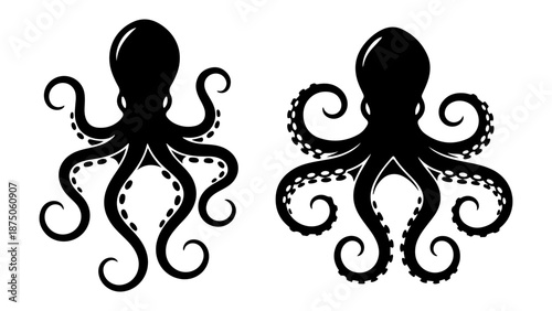 Two black octopus silhouettes with curled tentacles in a decorative nautical vector style, ideal for tattoo art