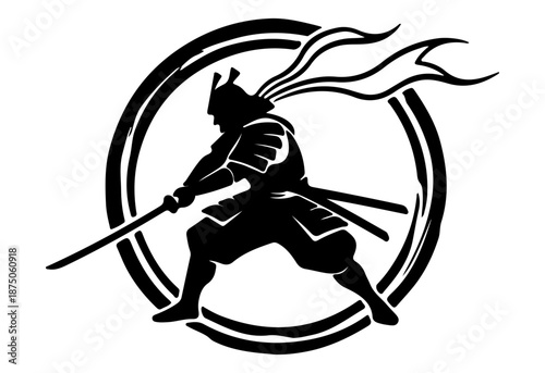 cool samurai with Katana sword in the slash pose in the circle simple black and white vector illustration Japanese style drawing