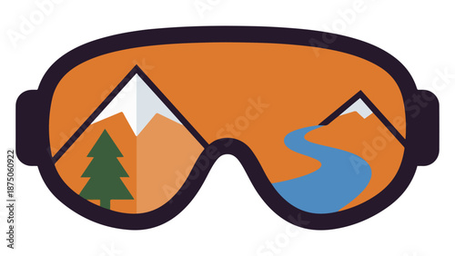 vector illustration of a ski goggles with orange background mountains and river in the sight