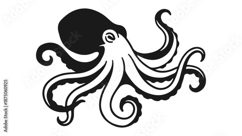 Stylized black octopus silhouette with flowing, curled tentacles black and white illustration
