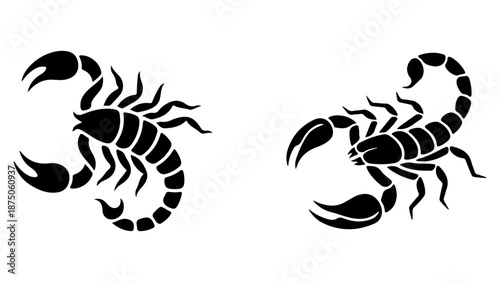 Two black scorpion silhouettes in bold tribal style, ideal for Scorpio zodiac, tattoo designs, logos