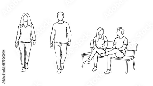 Casual sketch of two people walking and a couple sitting on a bench, showing relaxed conversation